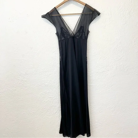 Vintage Sheer Black Mesh Satin Lingerie Nightgown Maxi Dress Goth Whimsigoth S/M - Picture 11 of 13